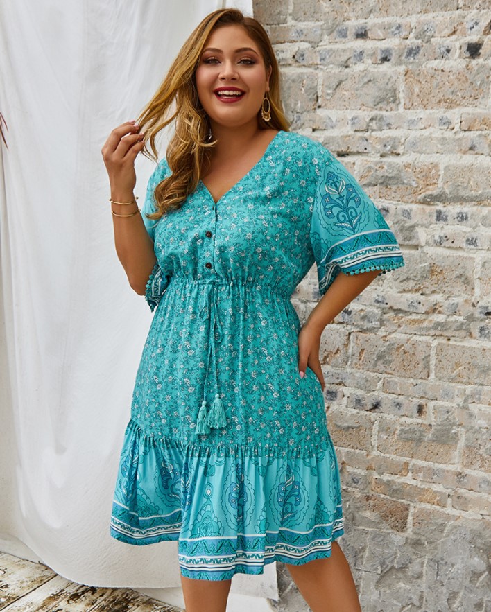 

Платье женское с оборками Turquoise flowers Berni Fashion PLUS (4XL) Бирюзовый
