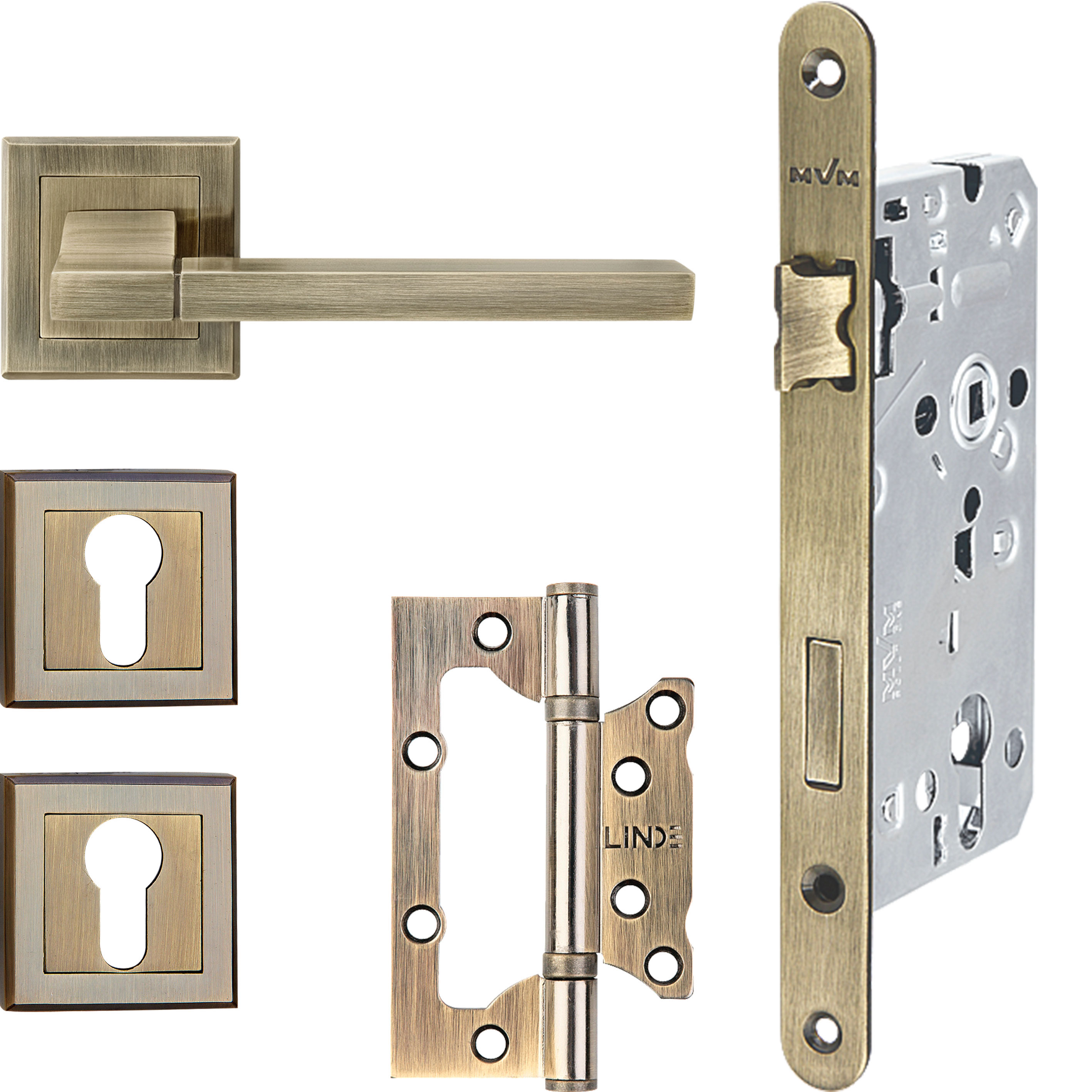 

Ручки комплект с механизмом замка + накладные петли Linde Hex Girona AB