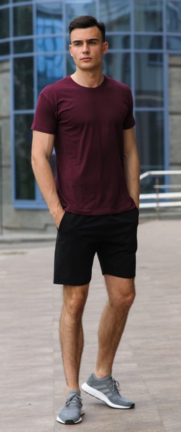 

Мужской летний спортивный комплект футболка и шорты KML MG1077 XXL Черный с бордовым (MG-1077 E )