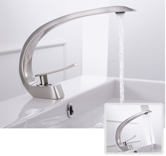 

Смеситель стационарный для раковины однорычажный изогнутый кран горизонтальный монтаж WanFan Никель