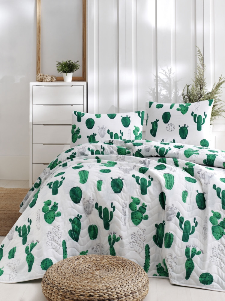 

Покрывало стеганное с наволочкой Eponj Home - Kaktus yesil зелёный 160*220