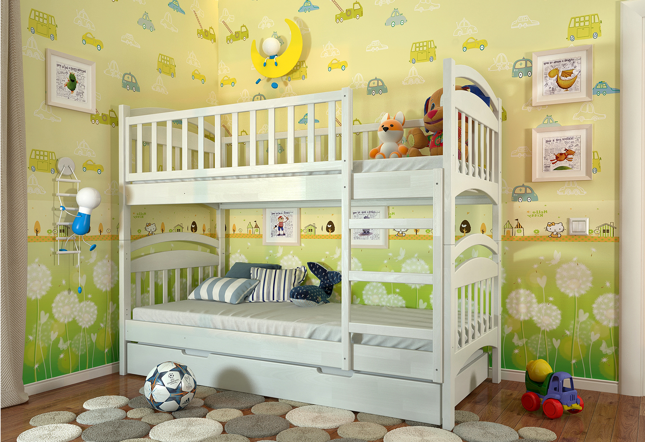 

Двухъярусная кровать с длинным ящиком Arbordrev Смайл (80*200) сосна Белый