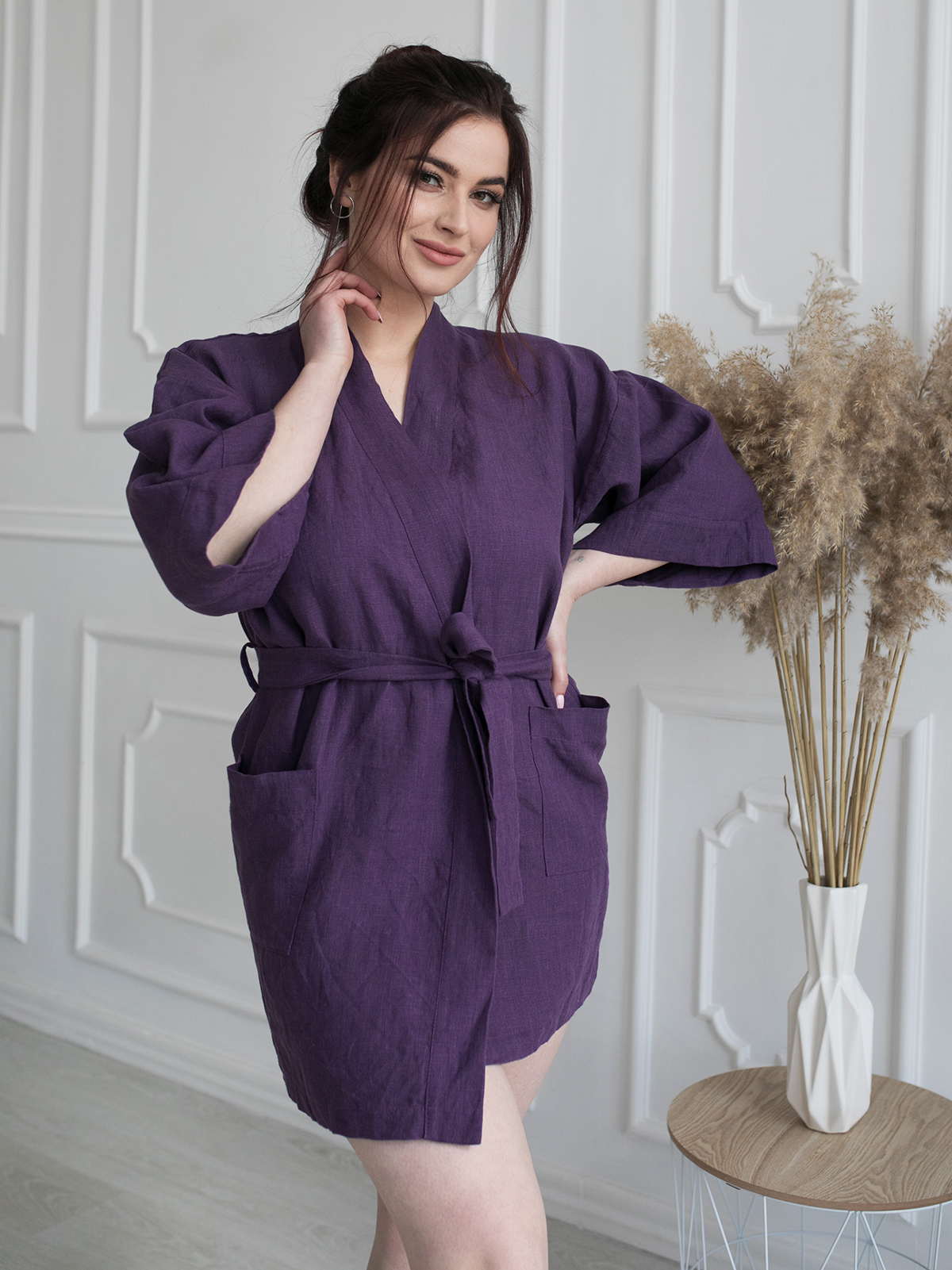 

Женский льняной халат "Кимоно" фиолетовый  - linen island, Женский льняной халат "Кимоно" фиолетовый M - linen island