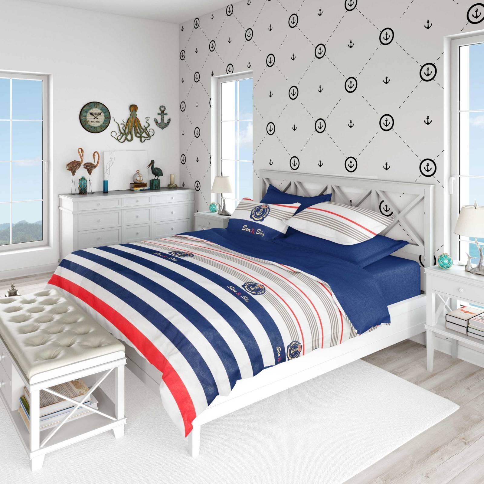 

Комплект постельного белья Облака Бязь Евро220*240 Anchor with blue