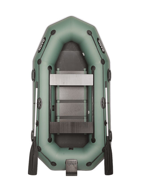 

Лодка Bark B-270NPD двухместная, гребная, привальный брус, 4 ручки, передвижные сиденья, реечный настил, навесной транец