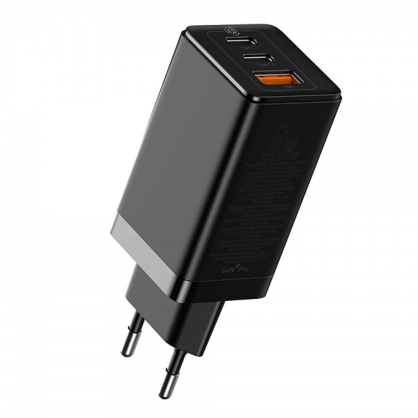 

Быстрое сетевое зарядное устройство Baseus GaN2 Pro Quick Charger 65W (2 Type-C + USB-A) Black