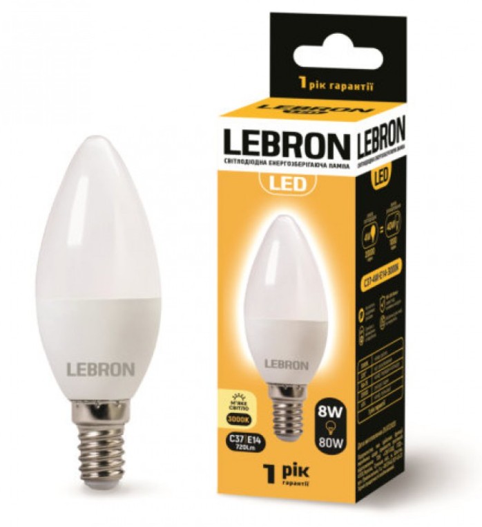 

Лампа светодиодная Lebron L-C37 8Вт Е14 3000К упак 10 шт.