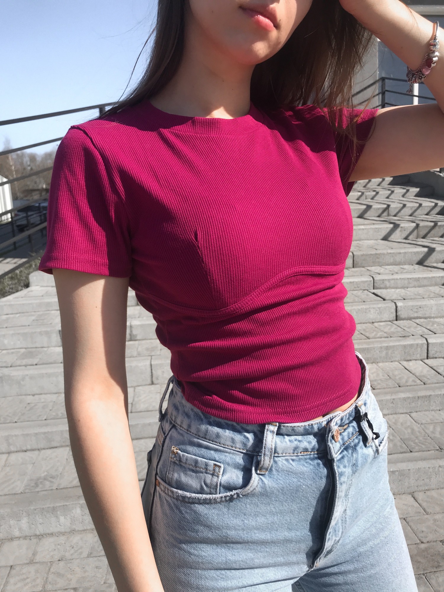 

Кроп-топ в рубчик Qian Shang 905 One size баклажанный 0607