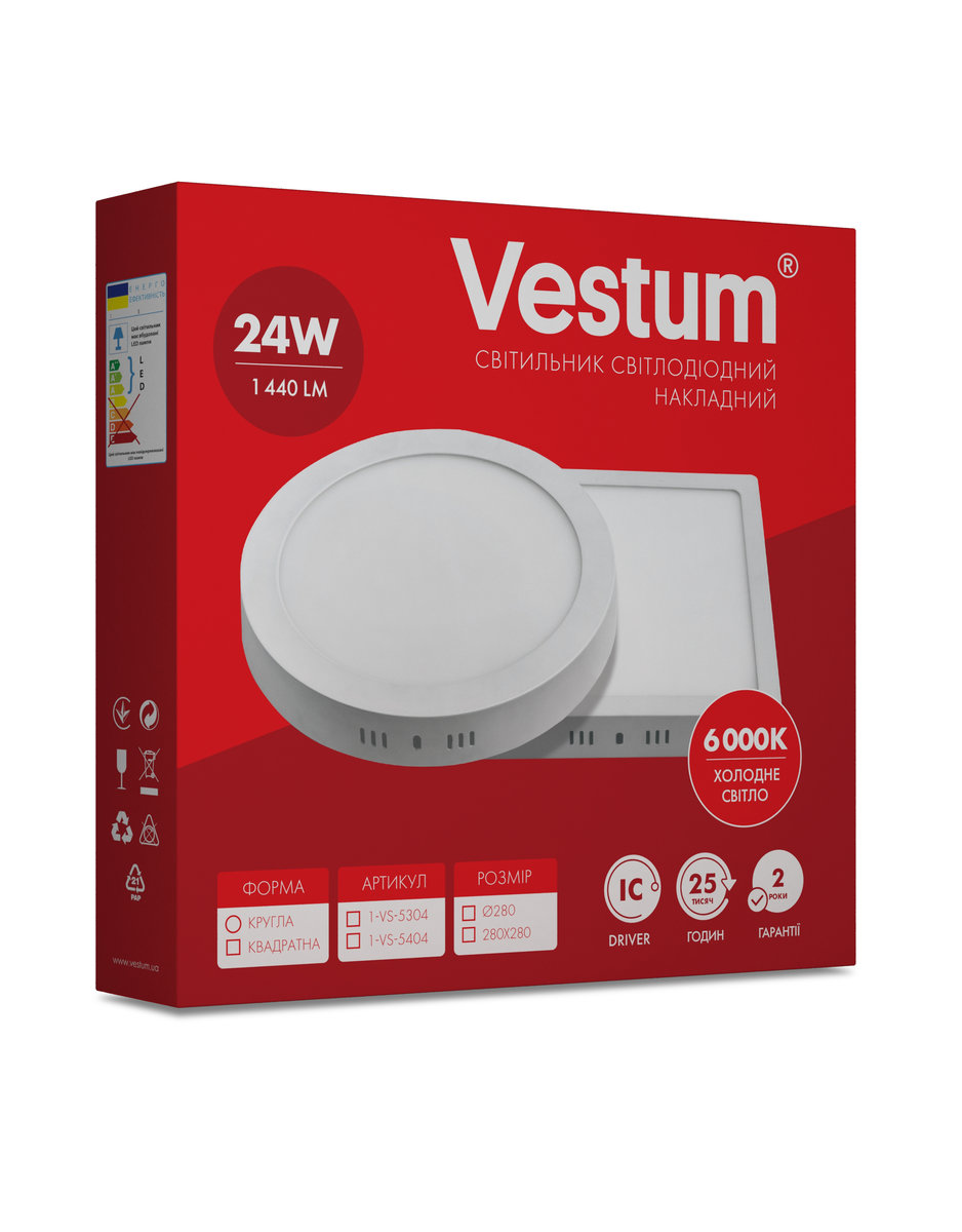 

Квадратный светодиодный накладной светильник Vestum 24Вт 6000K 220V 1-VS-5404