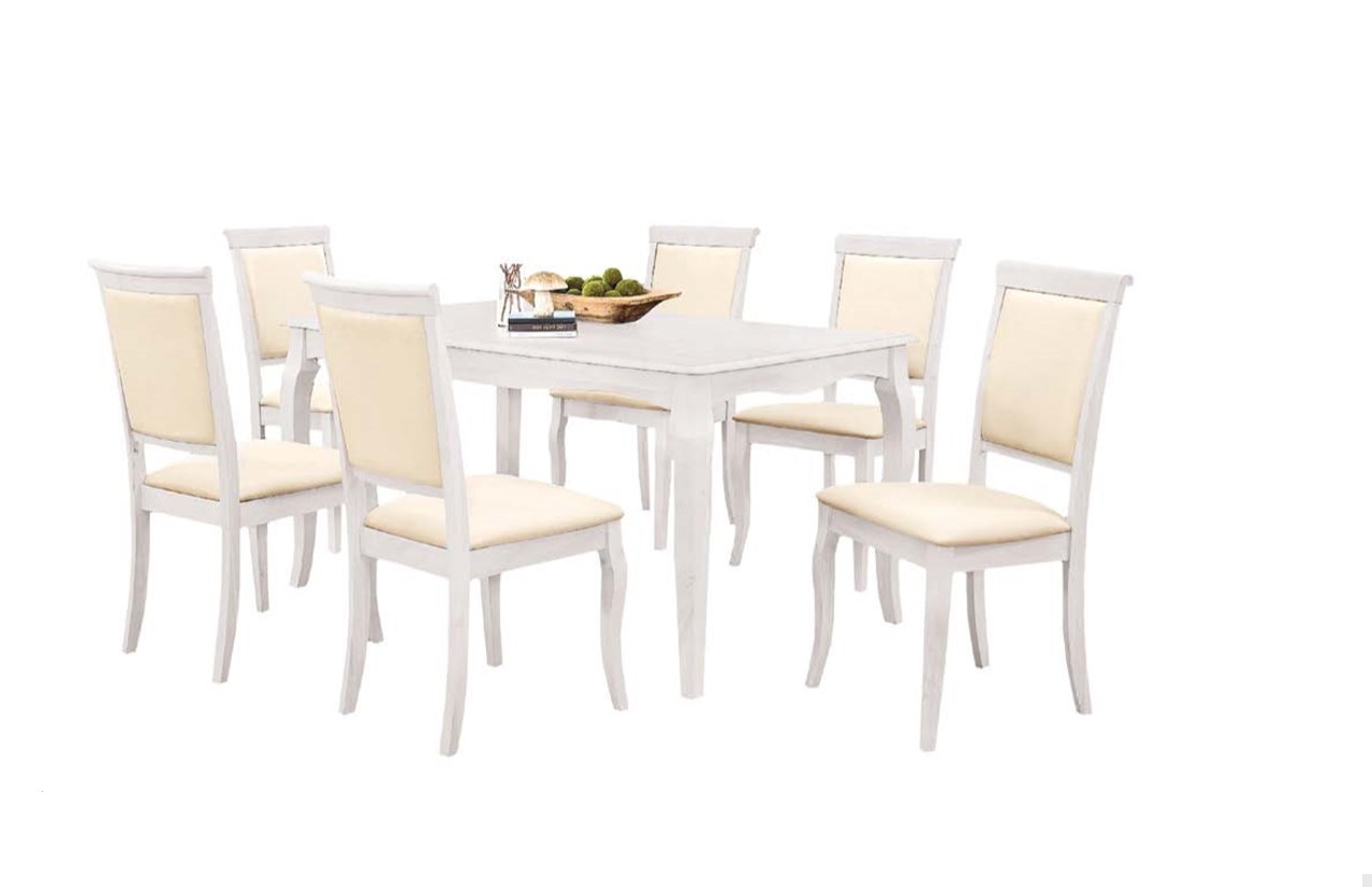 

Обеденный комплект для гостиной, кухни Аберден (стол + 6 стульев) дерево/МДФ белый, ткань бежевый цвет Woody