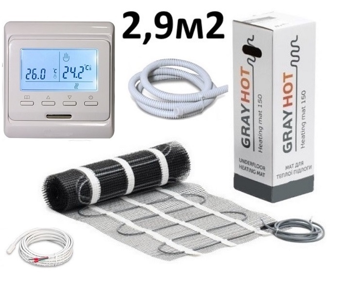 

Теплый пол Gray hot нагревательный двухжильный мат под плитку 444Вт 2,9м2 в комплекте с программируемым терморегулятором