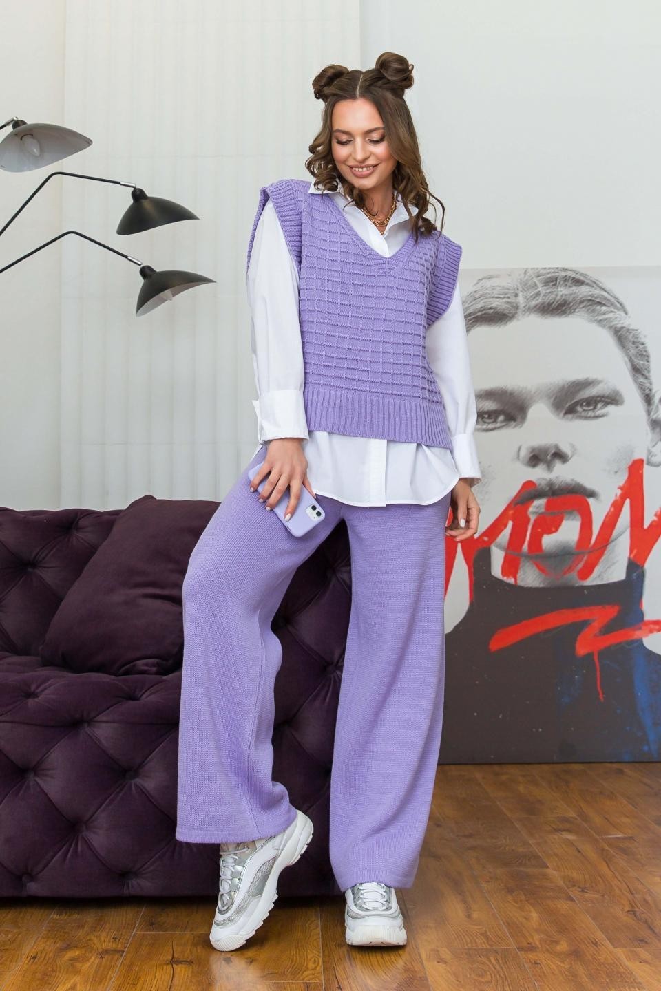 

Вязаный женский костюм из жилета и брюк Guash Молли oversize 44-48 Лиловый