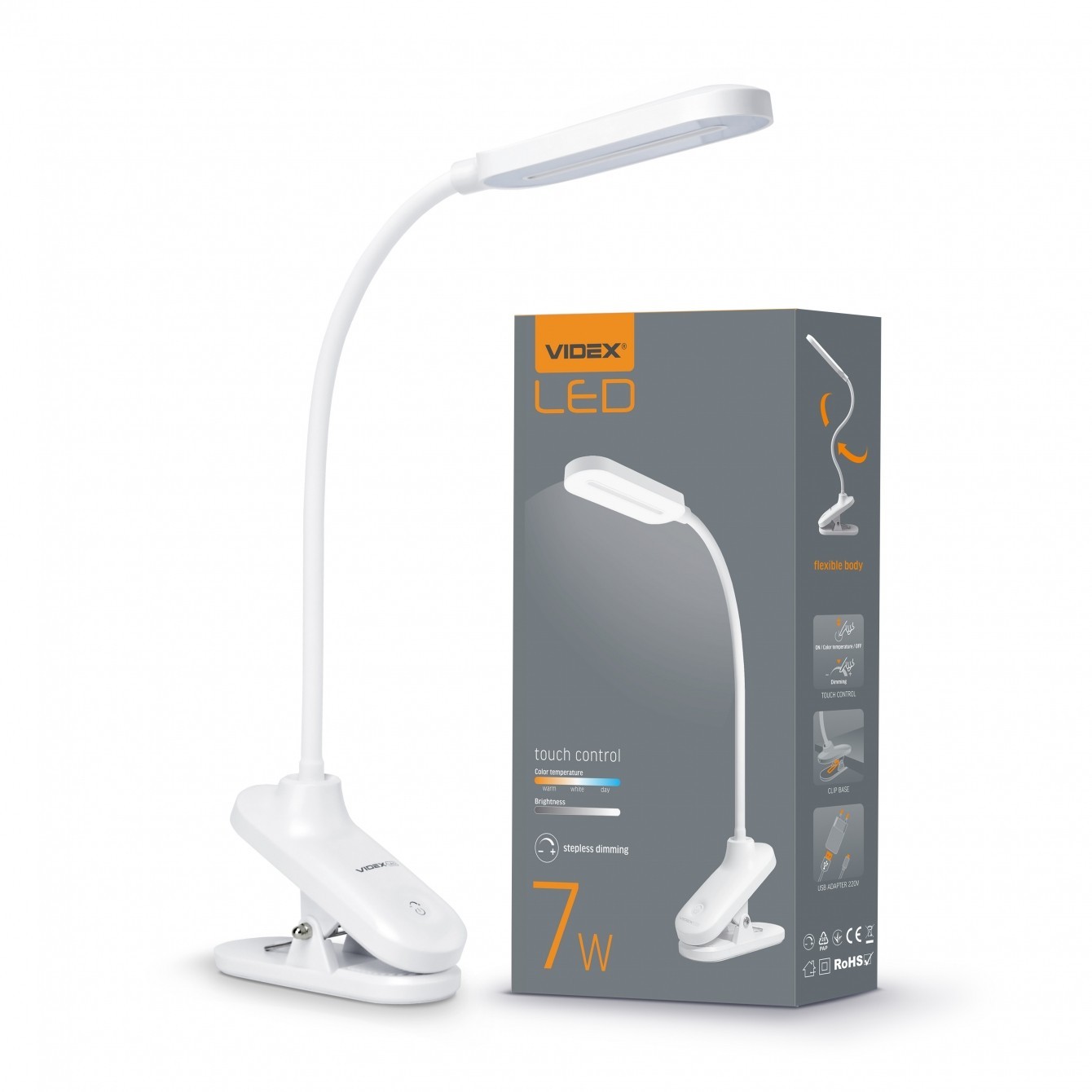 

LED настільна лампа VIDEX TF09W 7W 3000-5500K біла (кліпса)
