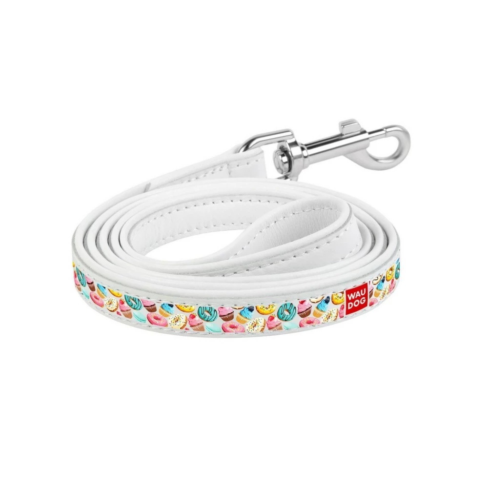 

Поводок кожаный для собак с рисунком Пончики Collar Waudog Printed 18 мм/122 см, белый