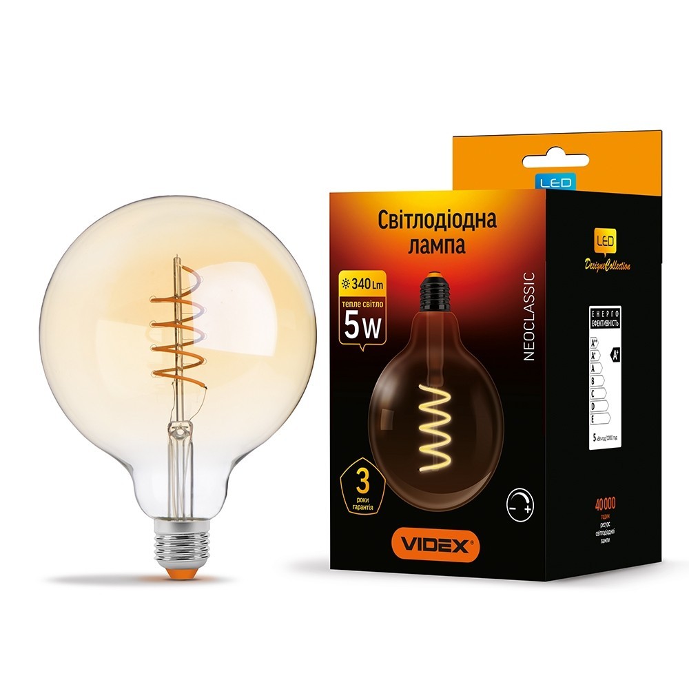 

LED лампа VIDEX Filament G125FASD 5W E27 2200K дімерна бронза