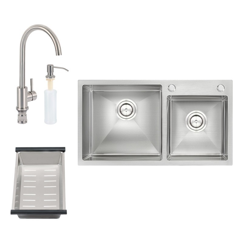 

QT S7843 SET кухонная мойка двойная (интегрированная) Satin + смеситель + сушка + диспенсер