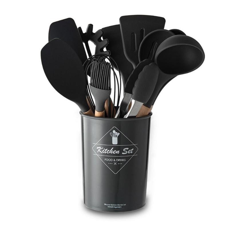 

Силиконовый кухонный набор принадлежностей Kitchen Set 12 предметов (дерево+силикон) черный