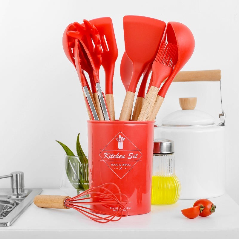 

Силиконовый кухонный набор принадлежностей Kitchen Set 12 предметов (дерево+силикон) красный