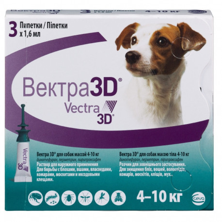 

Капли Ceva Vectra Вектра 3D от блох, клещей и комаров для собак весом 4-10 кг 3 шт