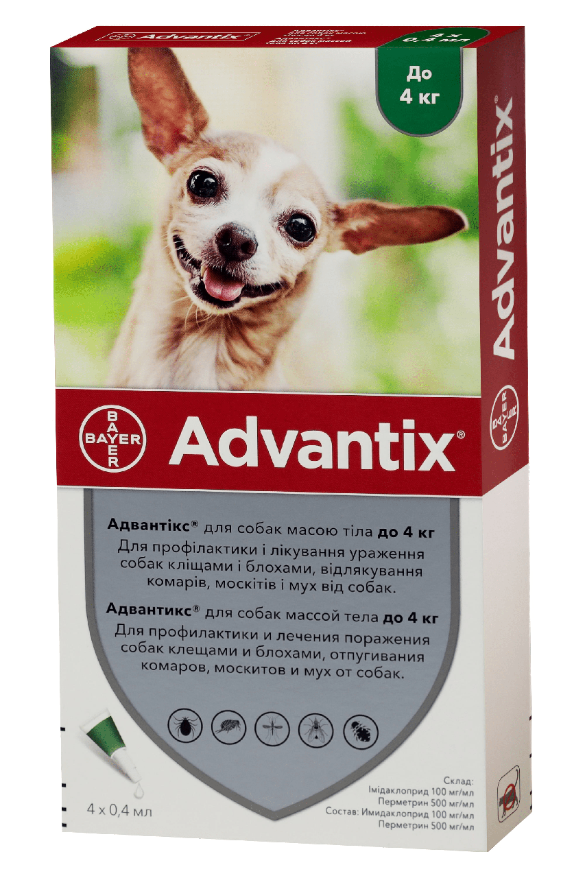 

Капли Bayer Advantix Адвантикс для собак весом до 4 кг 4 пипетки