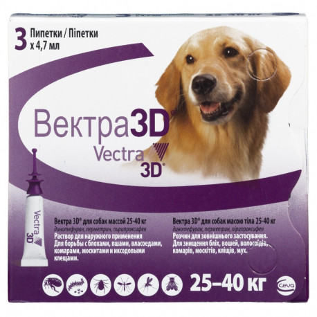 

Капли Ceva Vectra Вектра 3D от блох, клещей и комаров для собак весом 25-40 кг 3 шт