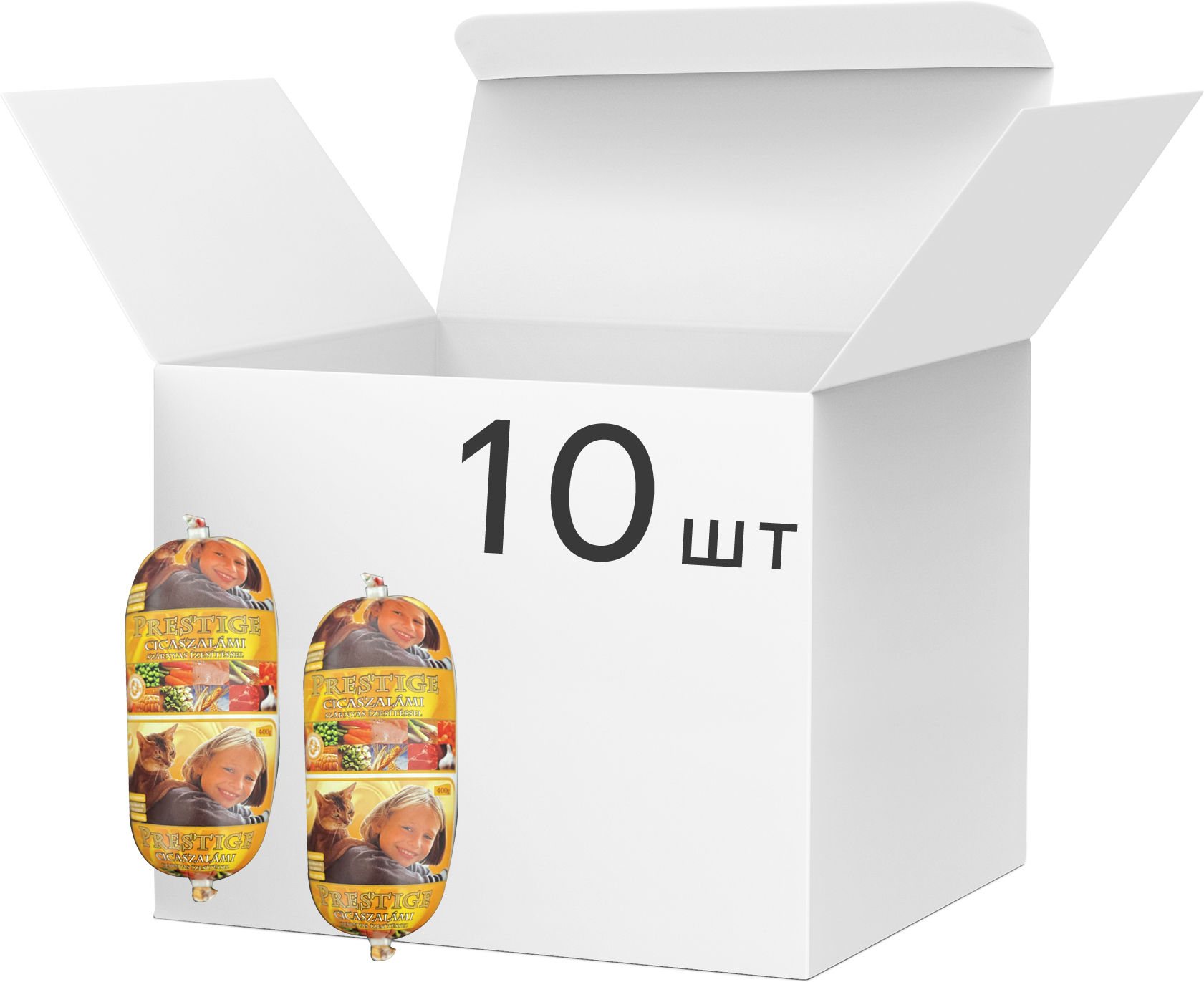 

Упаковка премиальной колбасы для котов Prestige с курицей 10 штук по 400 г