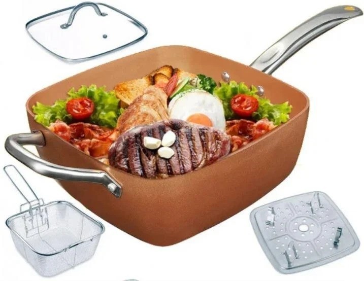 

Сковорода пароварка фритюрница глубокая квадратная с крышкой Copper PAN 24 см