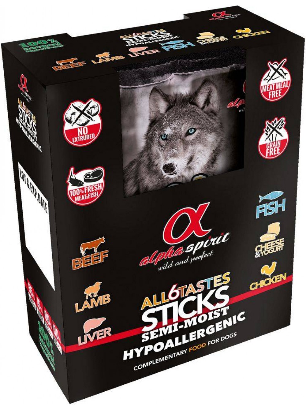 

Лакомства для собак Alpha Spirit DOG Sticks ALL 6 Tastes in one (с говядиной, палочки) 40г.