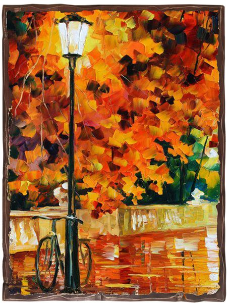 

Картина под старину на дереве Леонид Афремов "Фонарь и велосипед", 30*40 см
