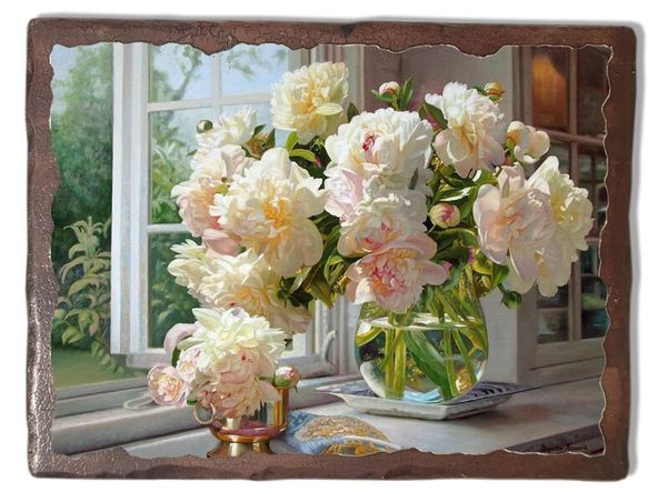 

Картина под старину на дереве Збигнев Копания "Пионы на окне", 30*40 см