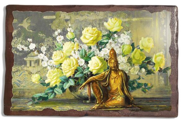 

Картина под старину на дереве "Будда и желтые розы", 40*50 см