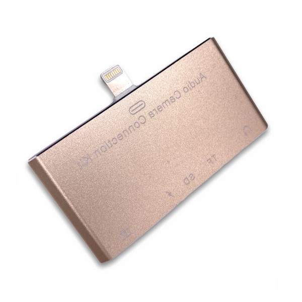 

Переходник -адаптер OTG для Iphone lightning на 3.5mm, SD card , USB 3.0, micro USB, золото