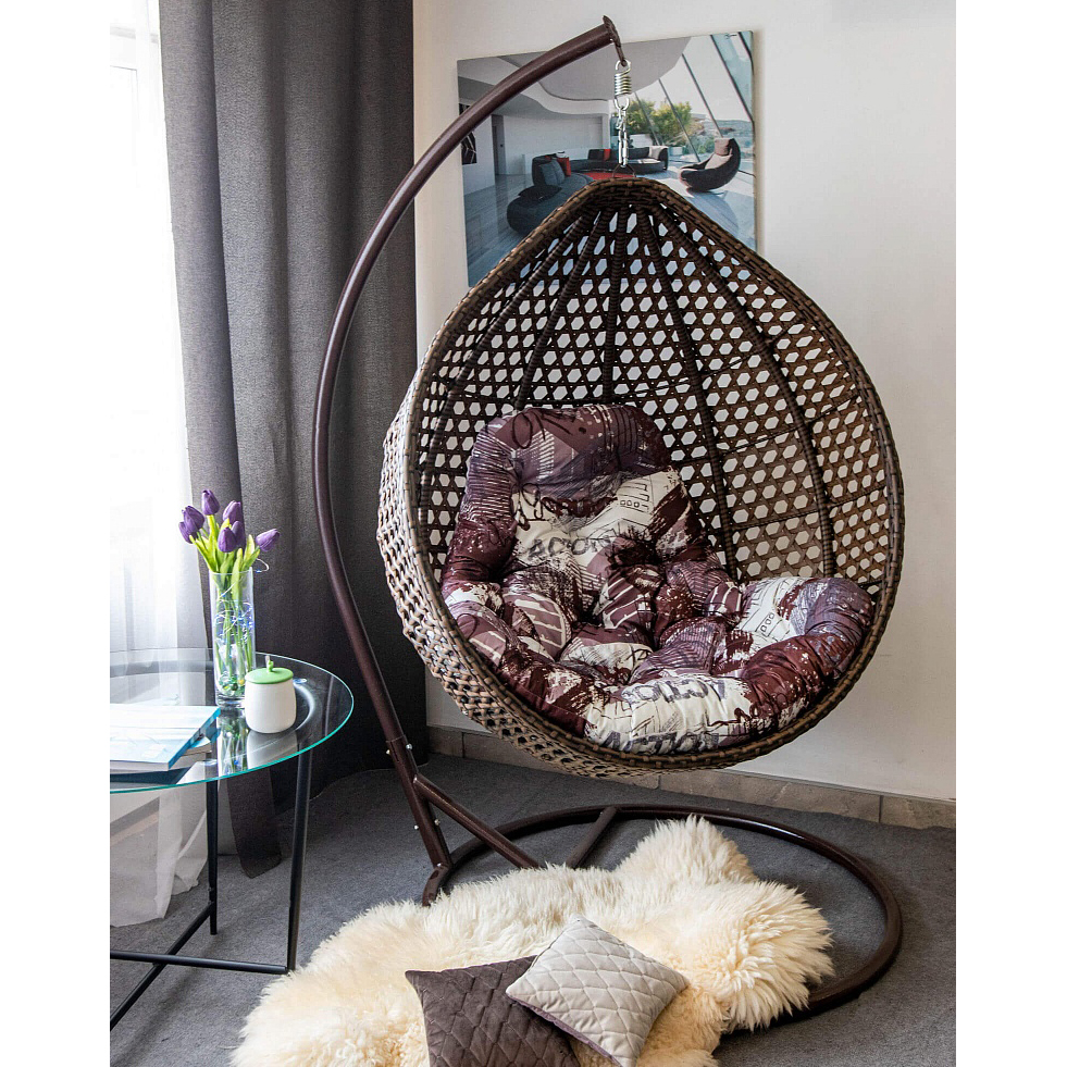 

Подвесное кресло кокон Колибри искусственный ротанг рошен/металл коричневый, цвет подушки коричневый с принтом Украинские конструкции