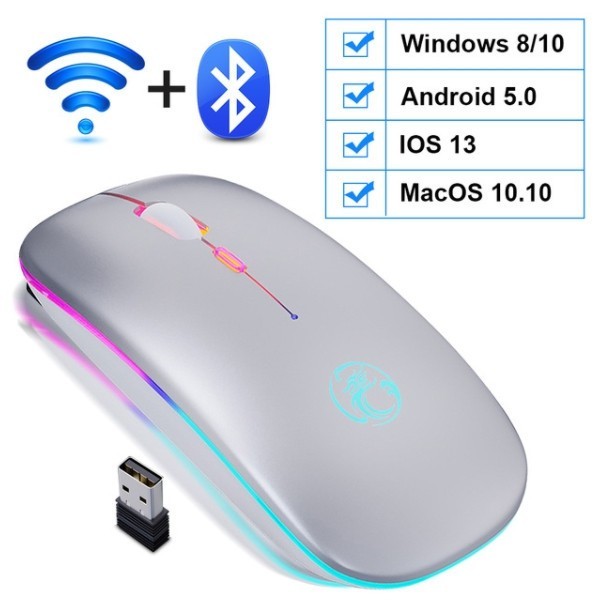 

Мышь беспроводная Е-1300 Bluetooth+USB 2.4 ГГц с подсветкой Silver