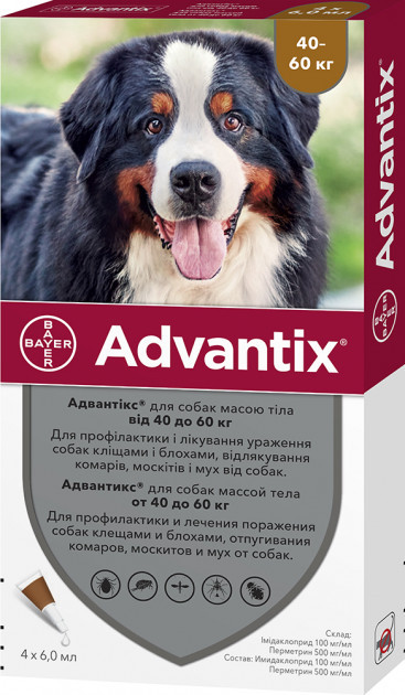 

Капли Bayer Адвантикс от заражений экто паразитами для собак свыше 40-60 кг 4 пипетки (4007221048947)