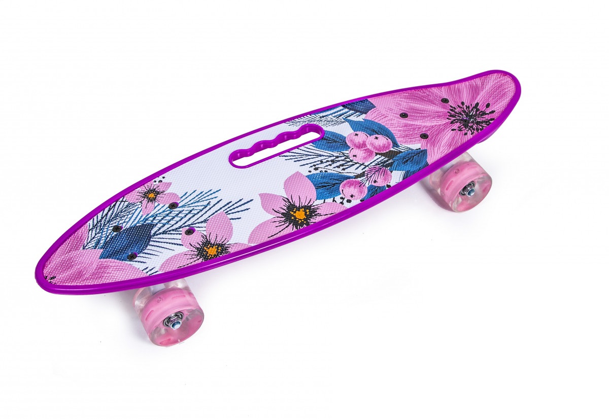 

Пенни борд (Penny Board) с ручкой и светящимися колесами, "Violet Flowers"