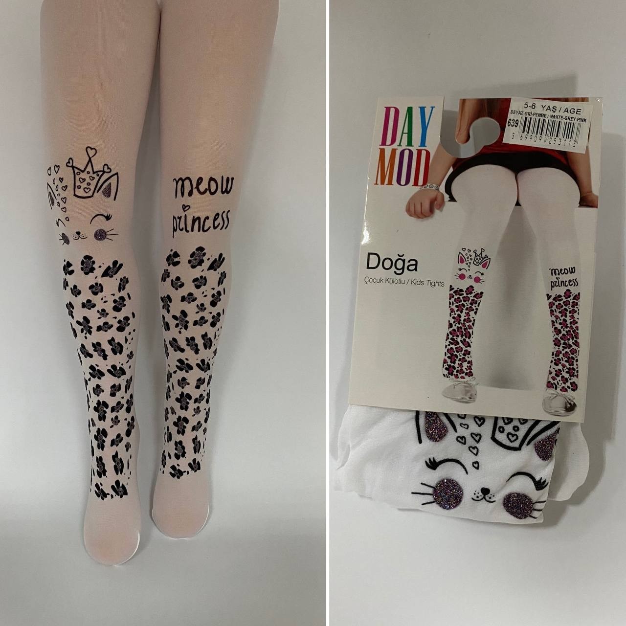 

Детские капроновые колготки Day mod безразмерные колготки для девочек кошечки с блестками 106-118 см 5-6 лет белые с черным 2125100
