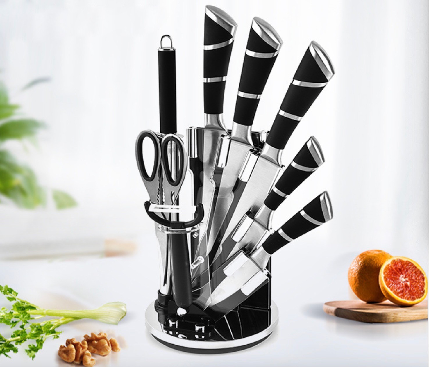 

Набор кухонных ножей из нержавеющей стали RAINBERG RB-8804 на акриловой крутящейся подставке 9 предметов