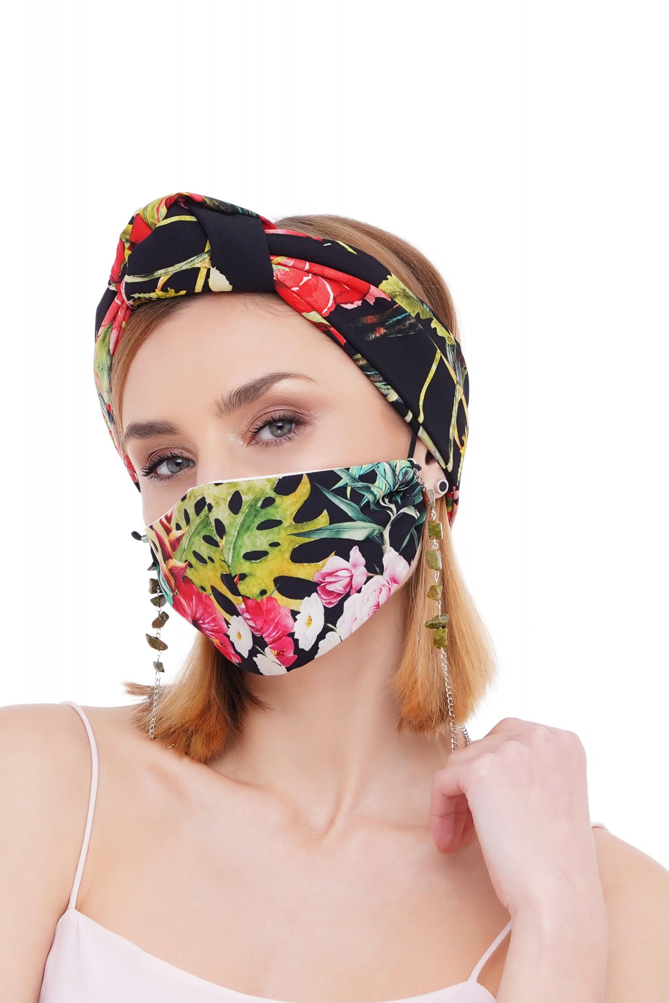 

Летний набор тюрбан +маска +цепочка для маски и очков MyScarf  тропики, Летний набор тюрбан +маска +цепочка для маски и очков MyScarf one size тропики