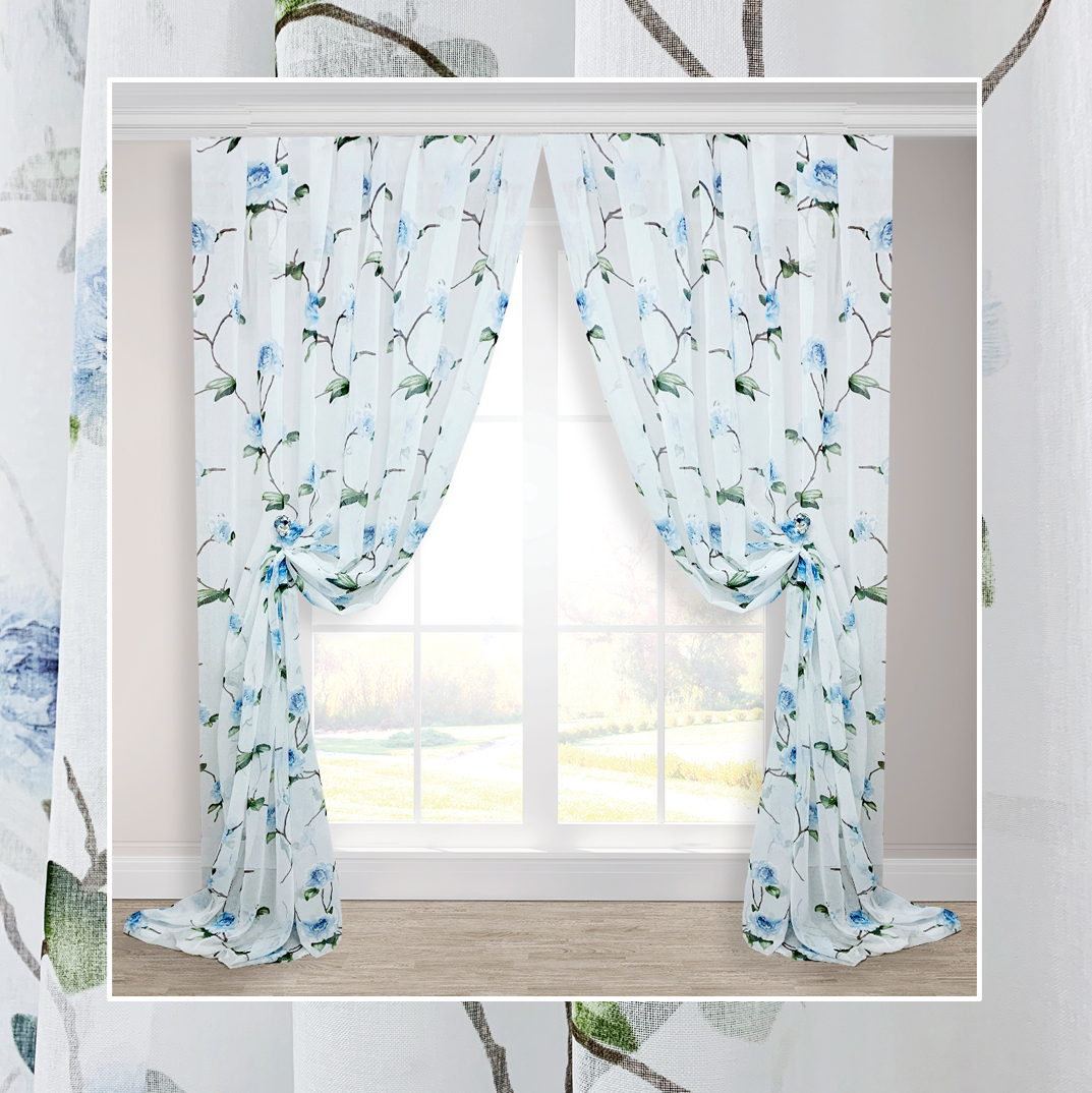 

Тюлевые шторы из льна-муара с цветочным рисунком Adagio Windows Decor L043 с голубыми акцентами в размерах 200х270см(2 шторы)