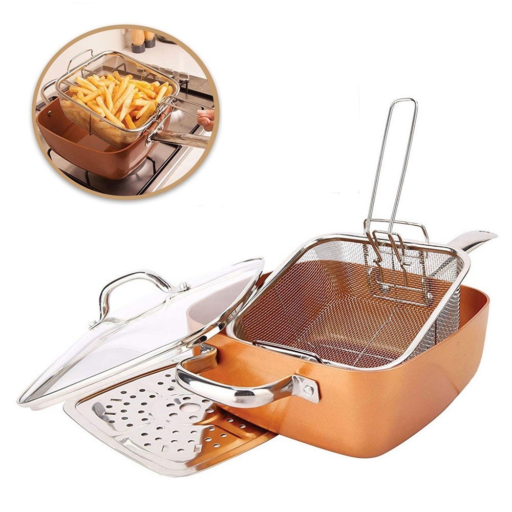 

Квадратная глубокая сковорода с крышкой 8 в 1 Copper PAN, 24 см (фритюрница, пароварка, сотейник)