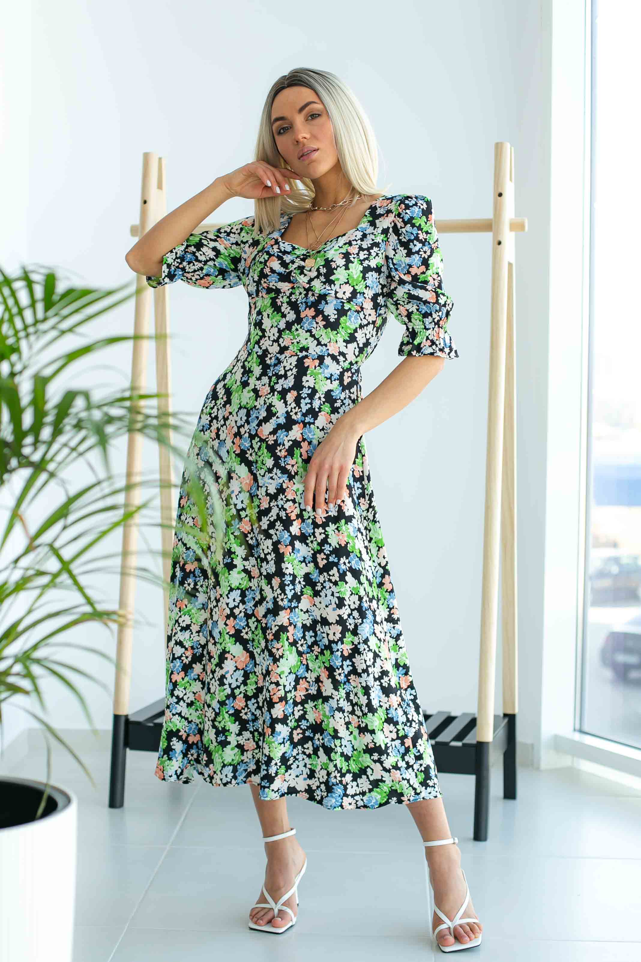 

Платье макси с рукавами-фонариками - салатовый цвет, M