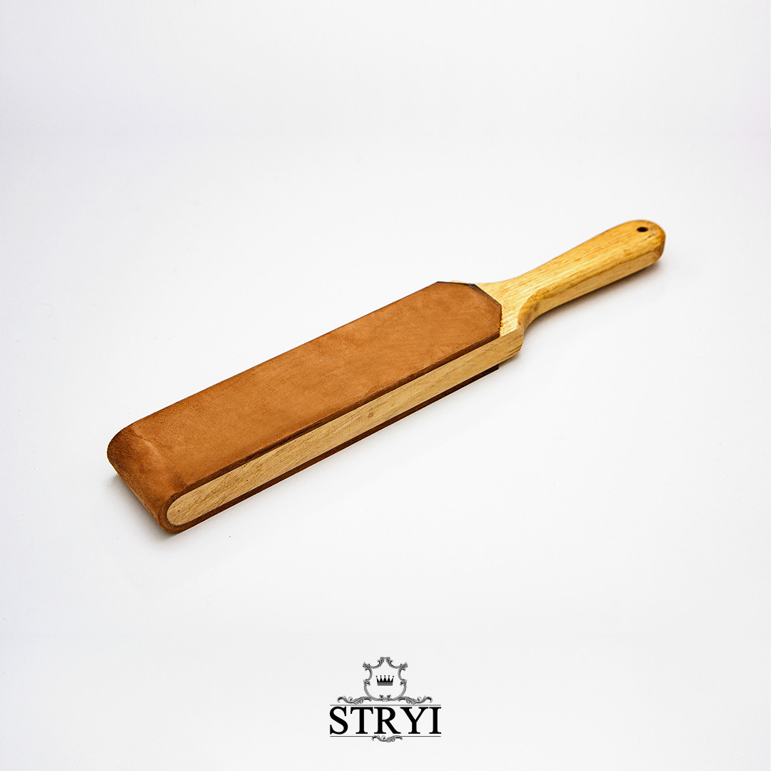 

Брусок точильный для правки с двусторонним кожаным слоем с ручкой STRYI 360х70 мм