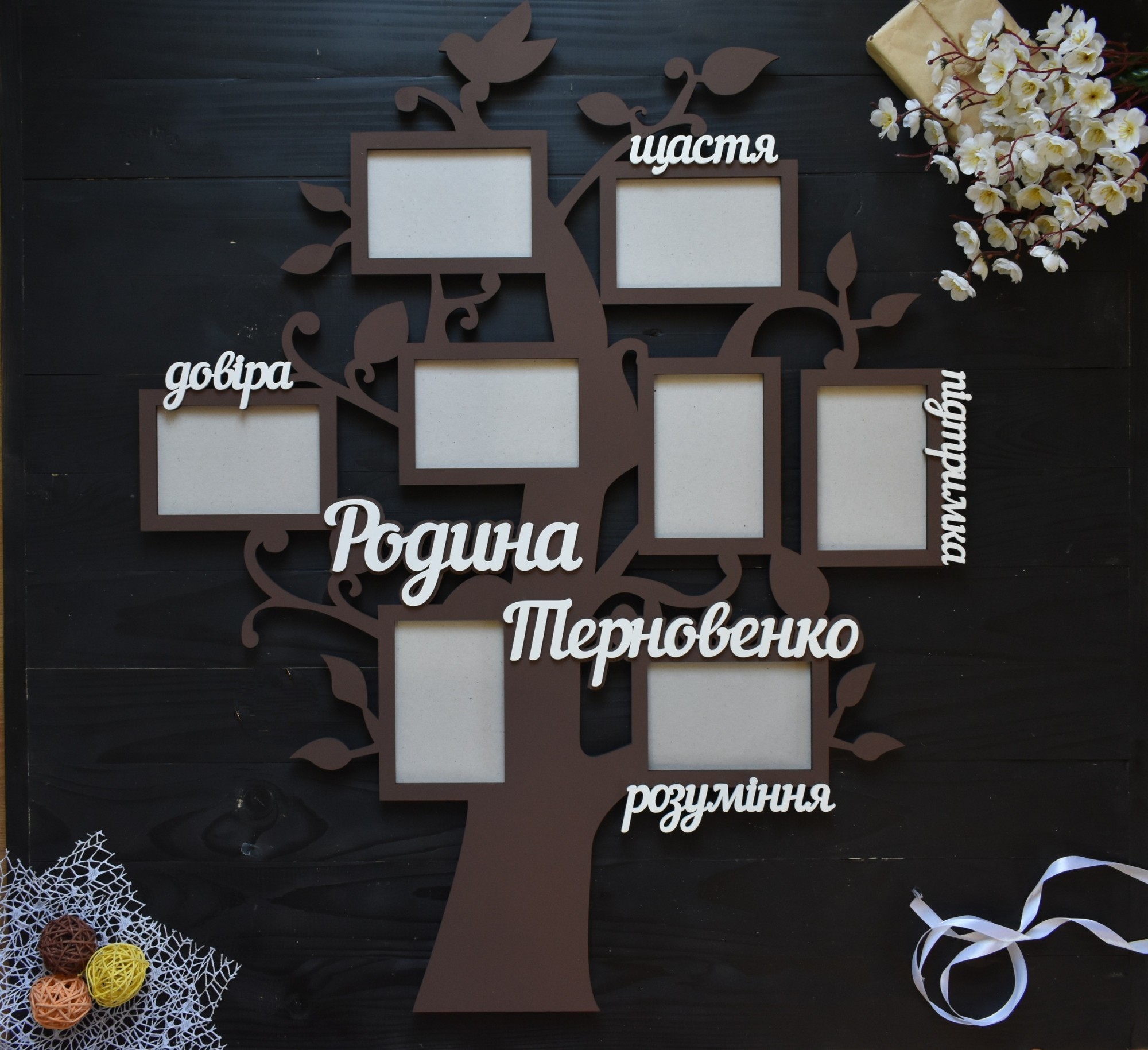 

Фоторамка в виде дерева с фамилией и словами на 8 фото под заказ (Мульт0216)