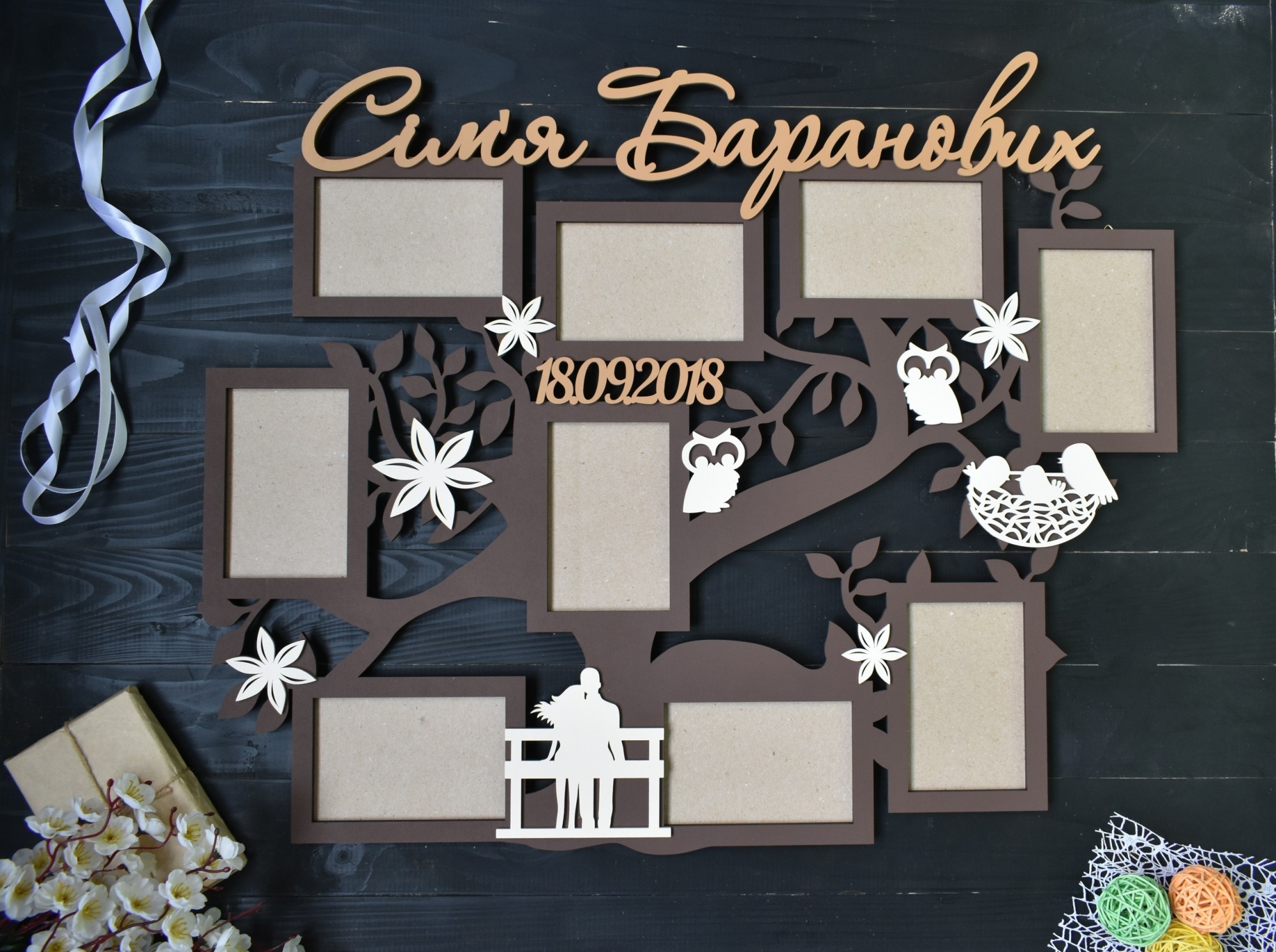 

Фоторамка семейное древо с фамилией и датой на 9 фото формата 10х15 см под заказ (Мульт0078)