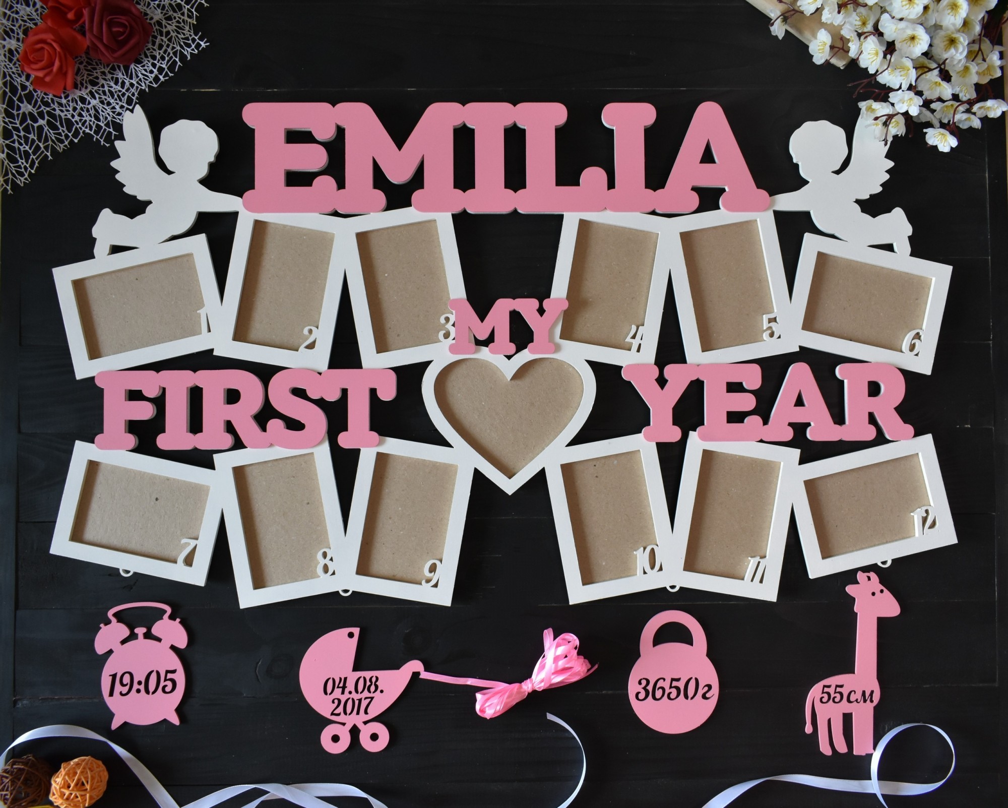 

Детская фоторамка с метрикой "My first year" на 13 фото под заказ (Год0029)