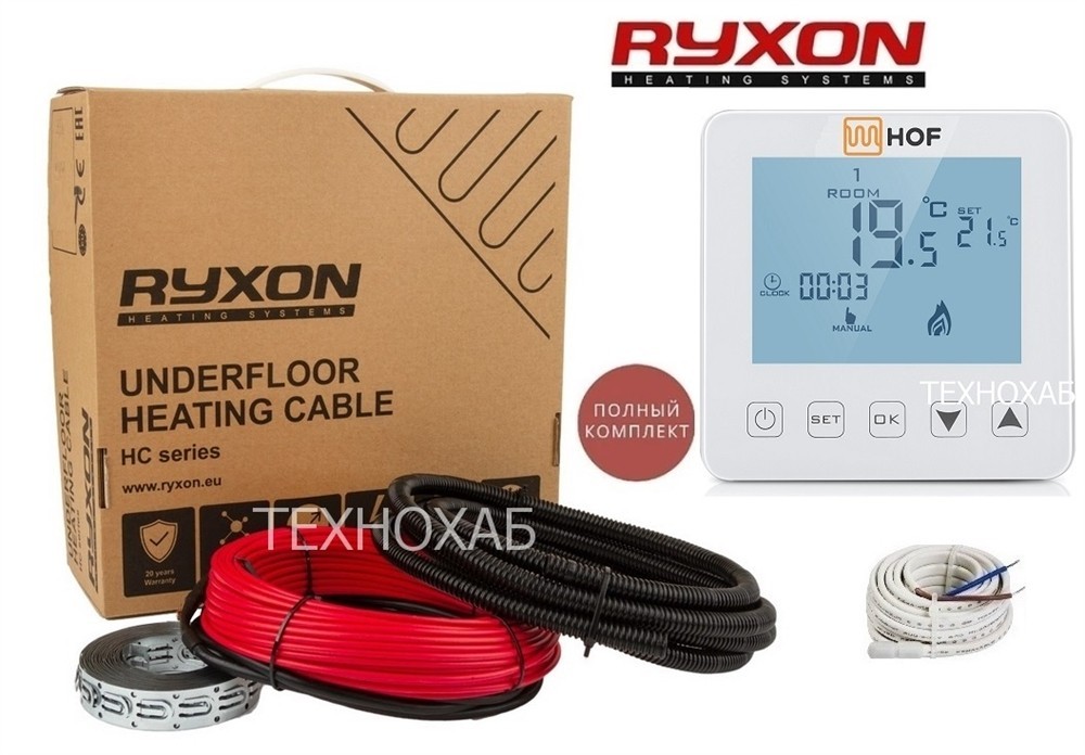 

Теплый пол Ryxon 5м²-6,3м²/1000Вт (50м) двухжильный нагревательный кабель HC-20Вт/м с сенсорным программируемым терморегулятором HOF sen