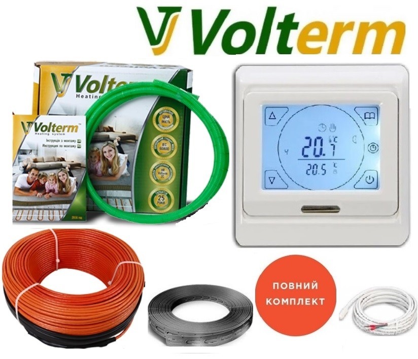 

Теплый пол Volterm 6,0м²-7,5м²/1050Вт (60м) тонкий кабель двужильный нагревательный под плитку HR 18Вт/м с сенсорным программируемым терморегулятором E 91