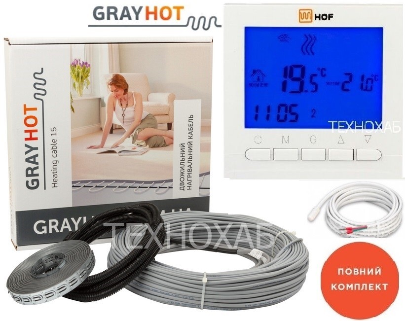 

Теплый пол Grayhot 6,1м²-10,1м² 1219Вт (81м) нагревательный кабель под плитку с программируемым терморегулятором HOF pro