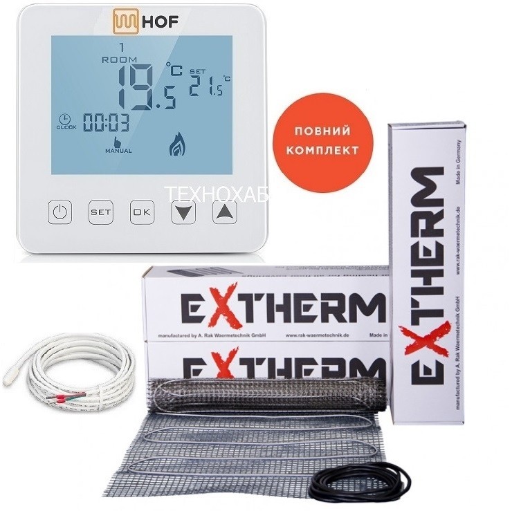

Теплый пол EXTHERM ЕТ ЕСО 3,0м²/540Ват/ 180Вт/м² электрический греющий мат под плитку с сенсорным программируемым терморегулятором HOF sen